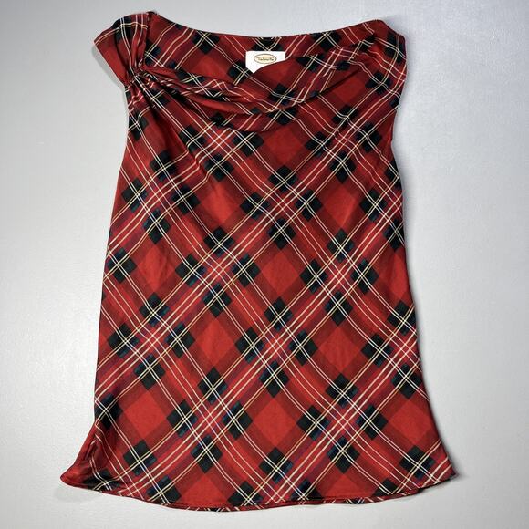 Talbots Silk Plaid Sleeveless Blouse Tank Top Womens 8 Red Tartan Cowl Ruched - Picture 1 of 10